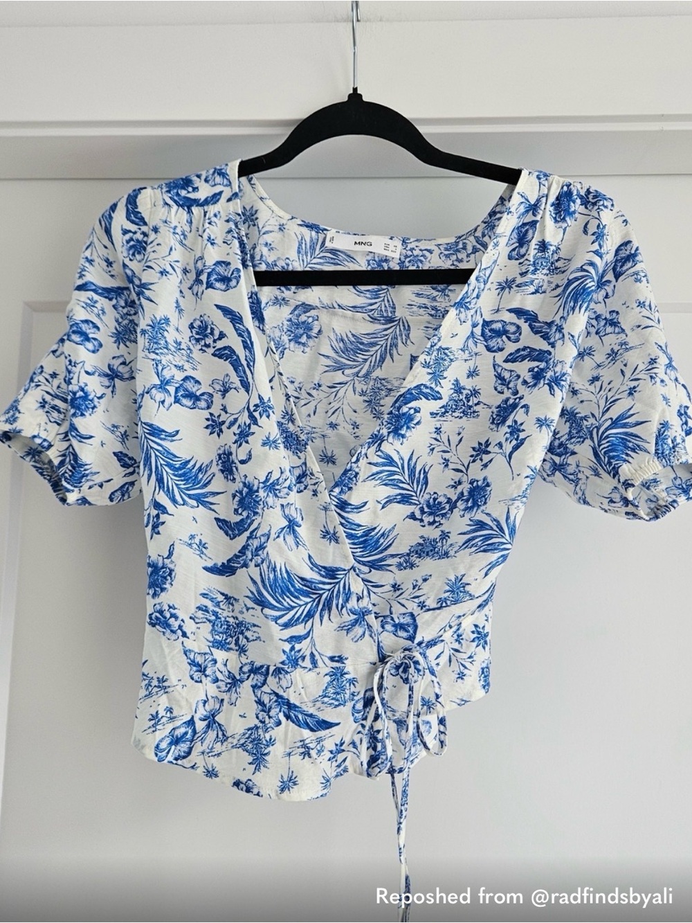 Mango White and Blue Floral Wrap Blouse